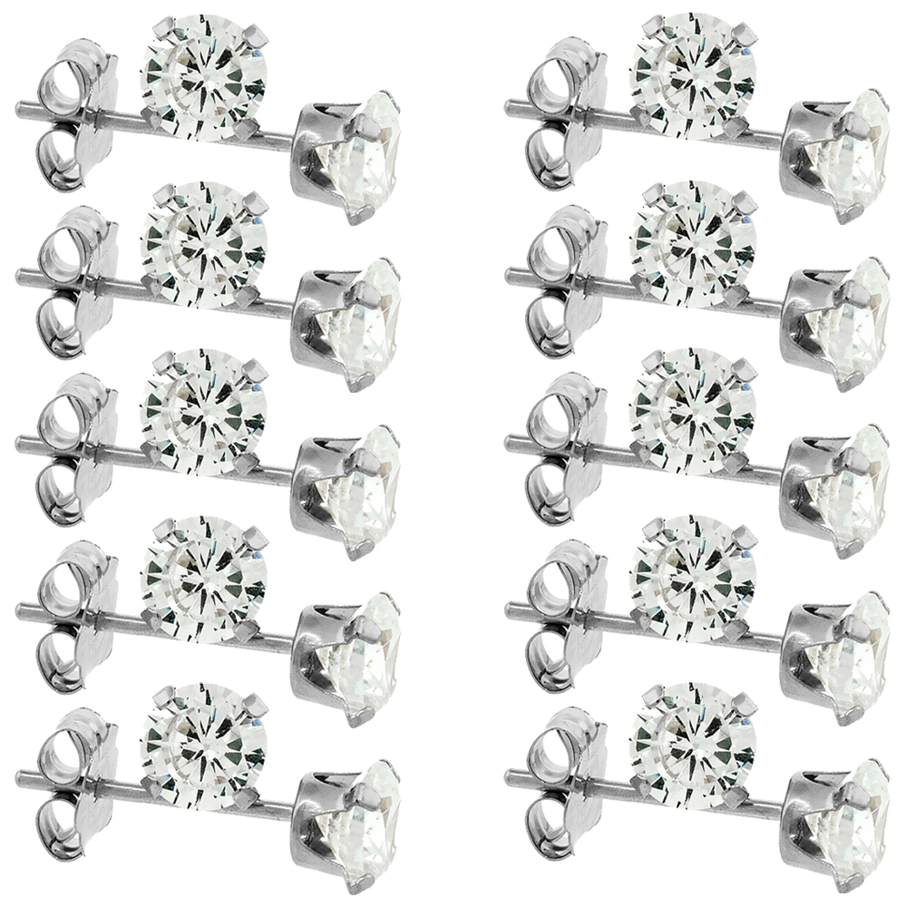 10-PAIR PACK 14K WHITE GOLD 4MM CUBIC ZIRCONIA EARRINGS STUDS CARTILAGE NOSE 4 PRONG 0.5 CARAT/PR