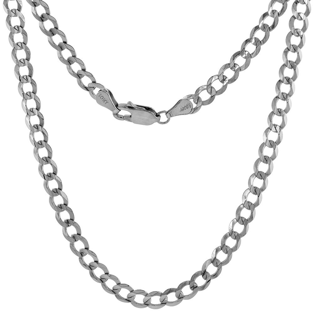 10K WHITE GOLD 5MM CURB LINK CHAIN NECKLACES & BRACELETS FOR MEN AND WOMEN CONCAVED BEVELED EDGES 7-30 INCH