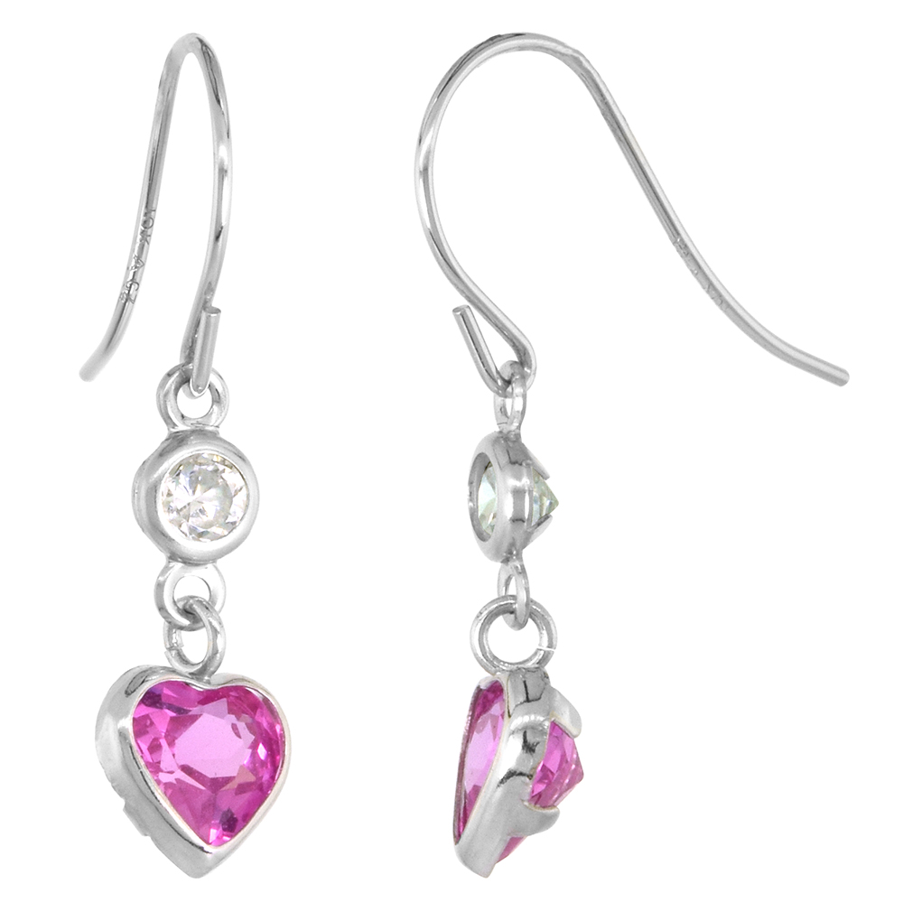Dainty 10k White Gold Pink Topaz Heart Dangle Earrings for Girls White Sapphire Accent Fishhook, 7/8 inch