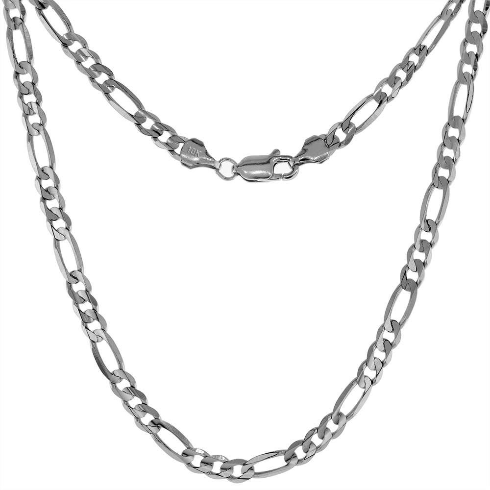 SOLID REAL 10K WHITE GOLD 4MM FIGARO CHAIN NECKLACES & BRACELETS FOR WOMEN & MEN BEVELED EDGES CONCAVED HIGH POLISHED 8-28 INCH