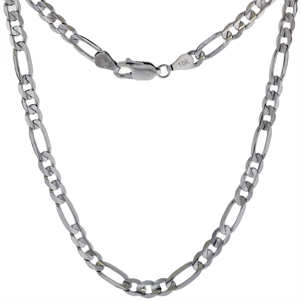SOLID REAL 10K WHITE GOLD 4.5MM FIGARO CHAIN NECKLACES & BRACELETS FOR WOMEN & MEN BEVELED EDGES CONCAVED HIGH POLISHED 8-28 INCH