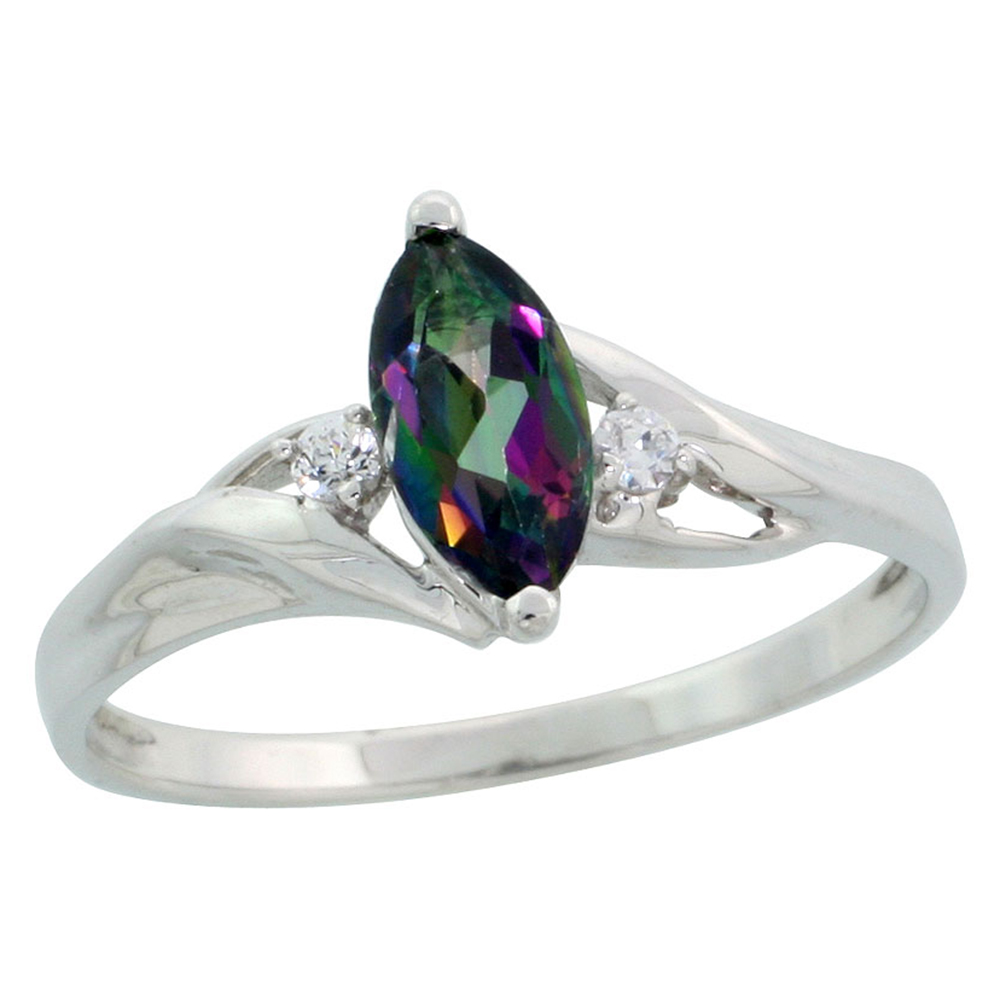 Dainty 10k White Gold Mystic Topaz Ring for Women and Girls Marquise Cut CZ Accent 3/8 inch