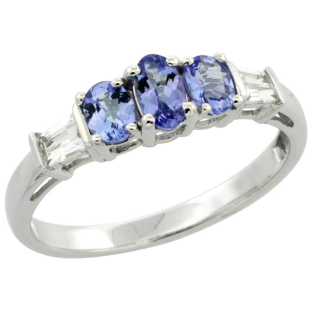 Dainty 10k White Gold Natural Tanzanite Ring 3-stone Oval with Baguette White Sapphire Accent, size 5-9