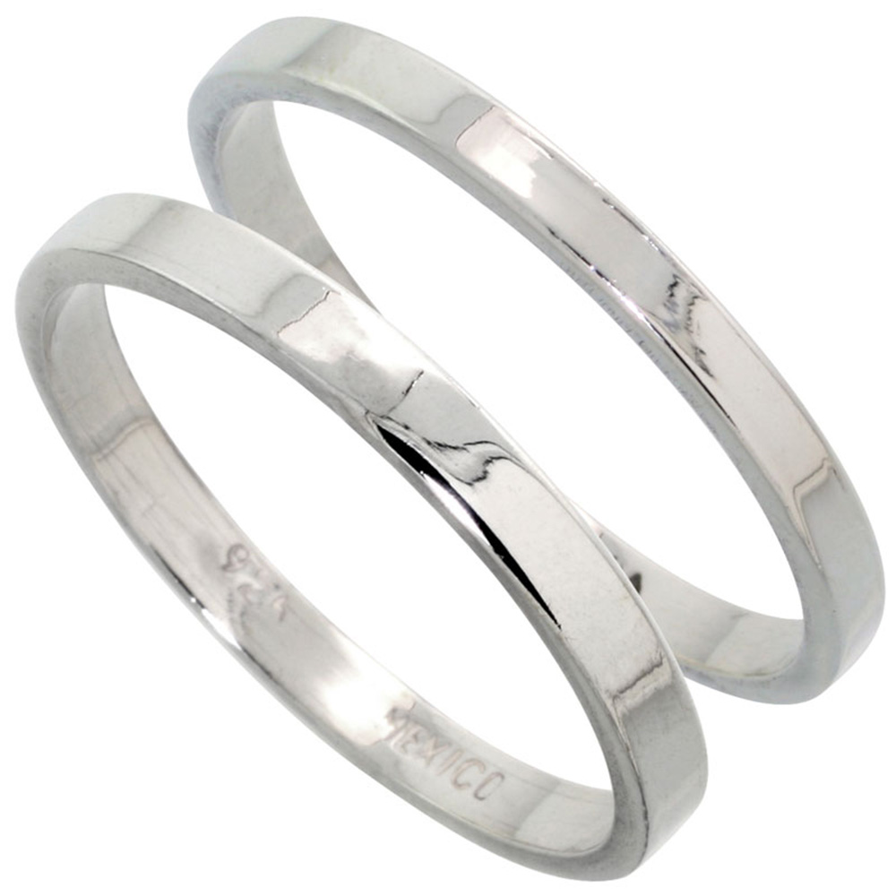 STERLING SILVER FLAT WEDDING BAND RING SET HIS AND HERS 2 MM SIZES 4 - 9.5 + 3 MM: SIZES 4 - 13.5