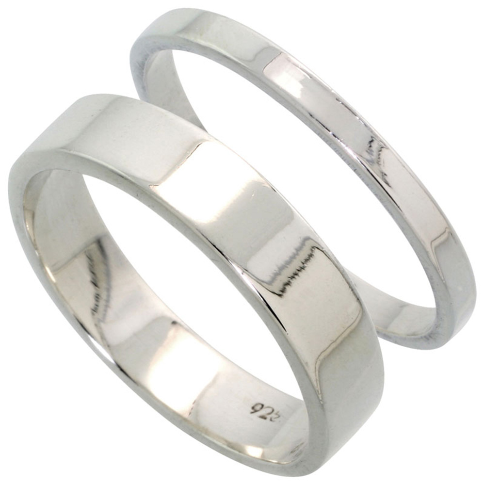 STERLING SILVER FLAT WEDDING BAND RING SET HIS AND HERS 2 MM SIZES 4 - 9.5 + 5 MM-SIZES 4 - 13.5