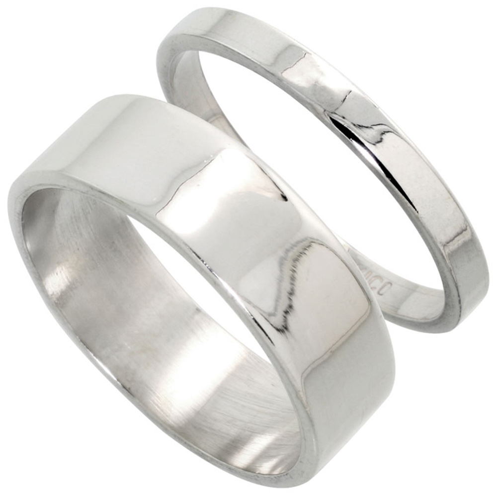 STERLING SILVER FLAT WEDDING BAND RING SET HIS AND HERS 3 MM + 7 MM SIZES 4 TO 13.5