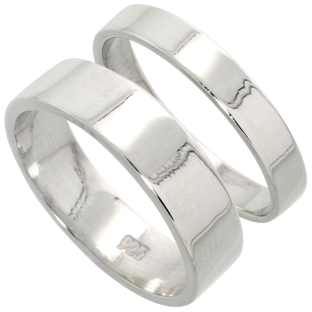 STERLING SILVER FLAT WEDDING BAND RING SET HIS AND HERS 4 MM + 6 MM SIZES 4 TO 13.5
