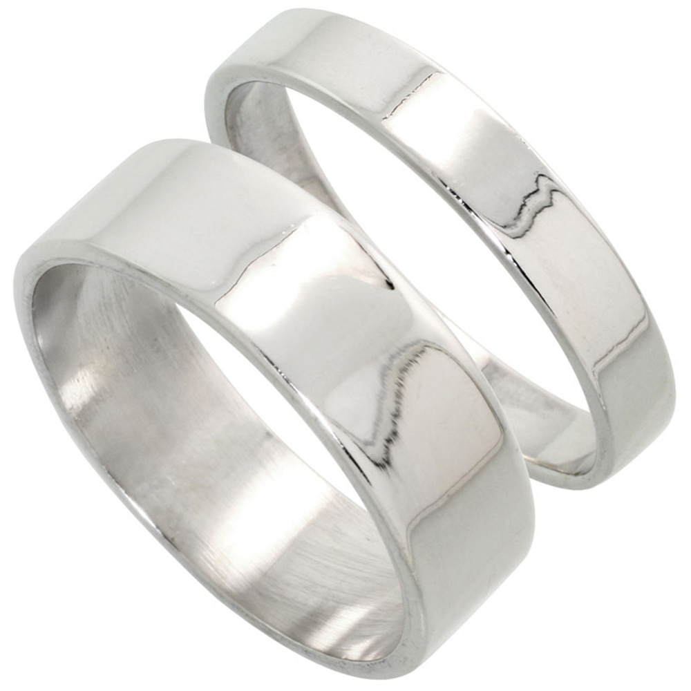 STERLING SILVER FLAT WEDDING BAND RING SET HIS AND HERS 4 MM + 7 MM SIZES 4 TO 13.5