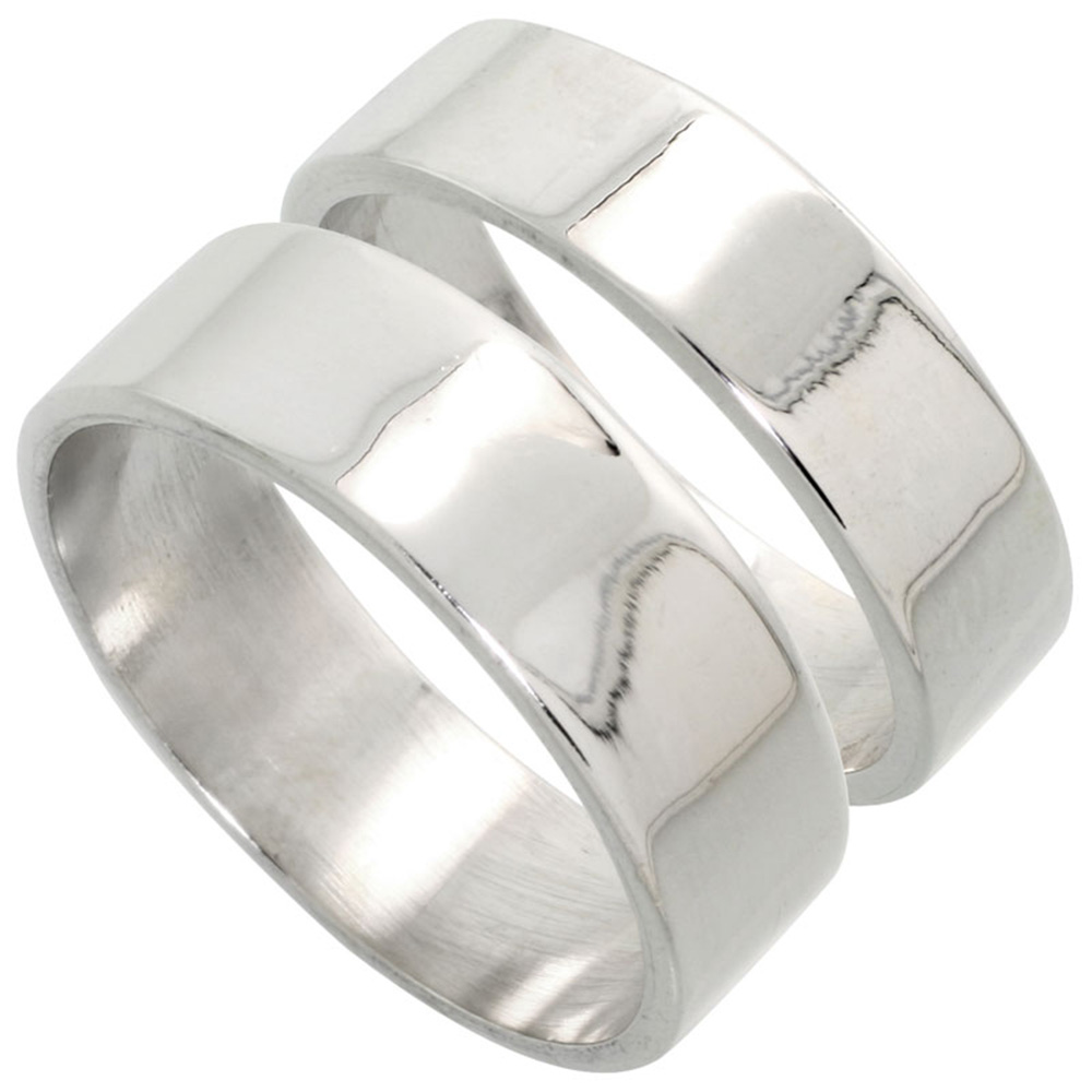 STERLING SILVER FLAT WEDDING BAND RING SET HIS AND HERS 6 MM + 7 MM SIZES 4 TO 13.5+B1137