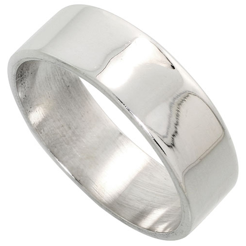 PLAIN STERLING SILVER 7MM FLAT WEDDING BAND RING FOR MEN AND WOMEN PIPE CUT HIGH POLISHED HANDMADE, SIZES 5-14