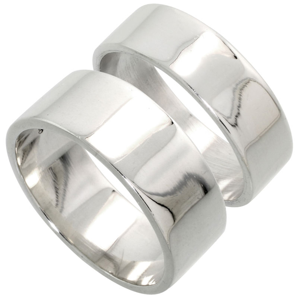 STERLING SILVER FLAT WEDDING BAND RING SET HIS AND HERS 7 MM + 8 MM SIZES 4 TO 13.5