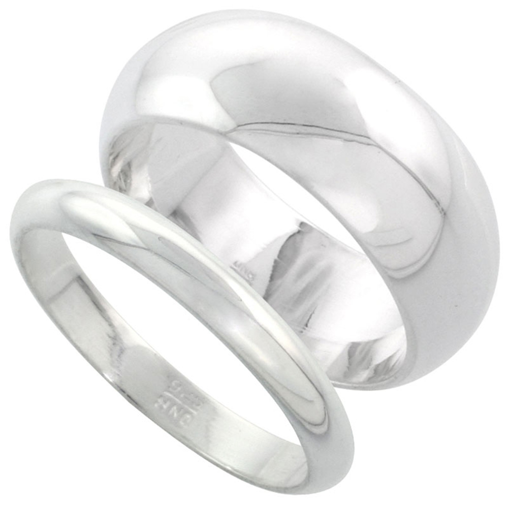 STERLING SILVER HIGH DOME WEDDING BAND RING SET HIS AND HERS 3 MM + 8 MM SIZES 4 TO 13.5