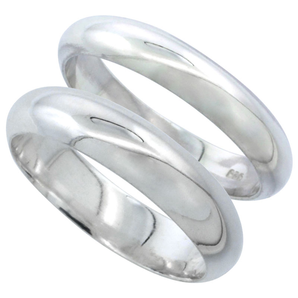STERLING SILVER HIGH DOME WEDDING BAND RING SET HIS AND HERS 4 MM + 5 MM SIZES 4 TO 13.5