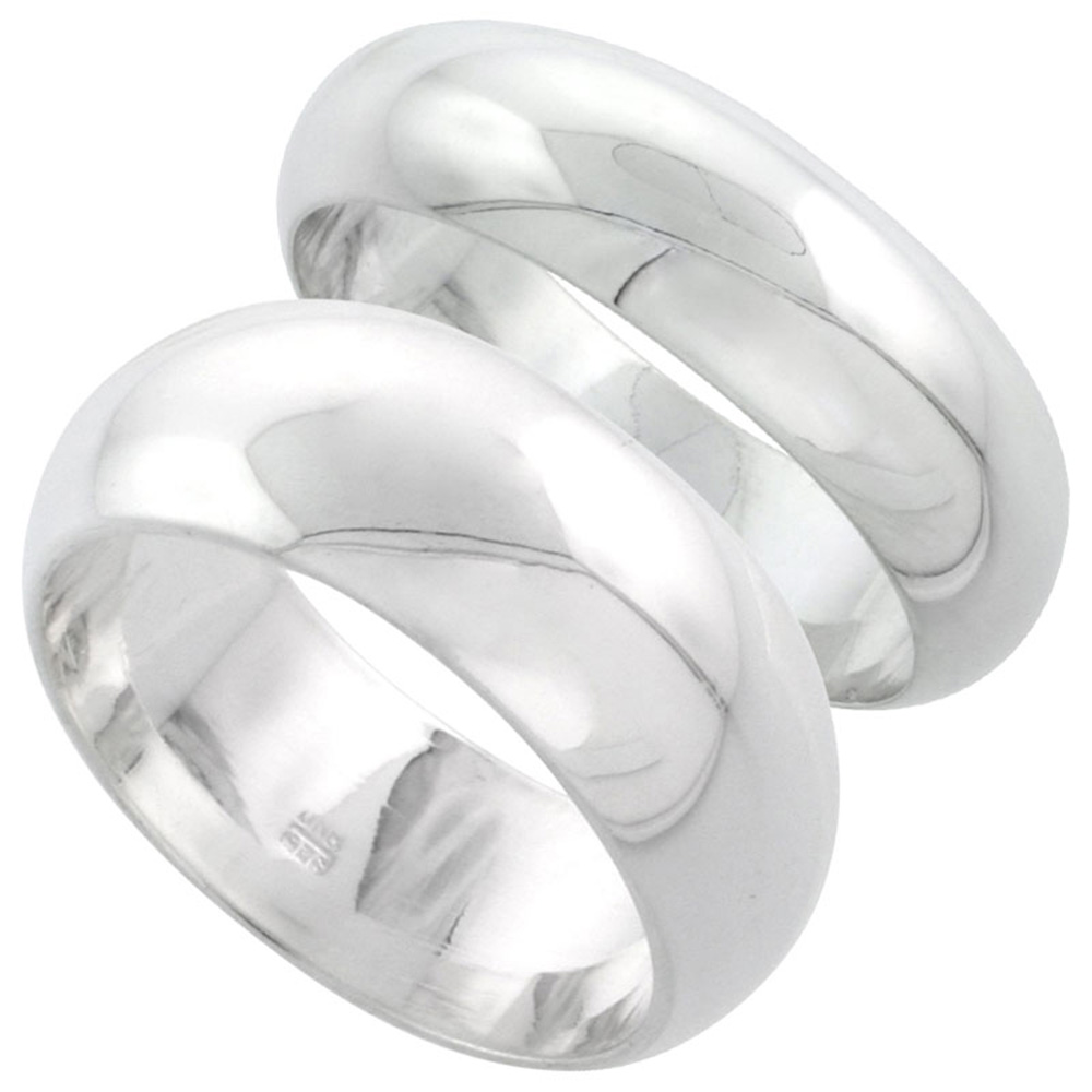 STERLING SILVER HIGH DOME WEDDING BAND RING SET HIS AND HERS 7 MM + 8 MM SIZES 4 TO 13.5