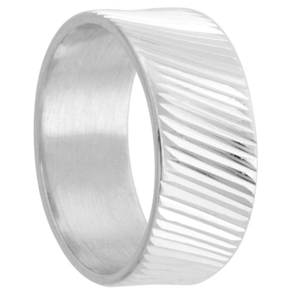 Sterling Silver Diamond Cut 9mm Wedding Band for Men &amp; Women Diagonal Grooves All Around Handmade Sizes 8-13