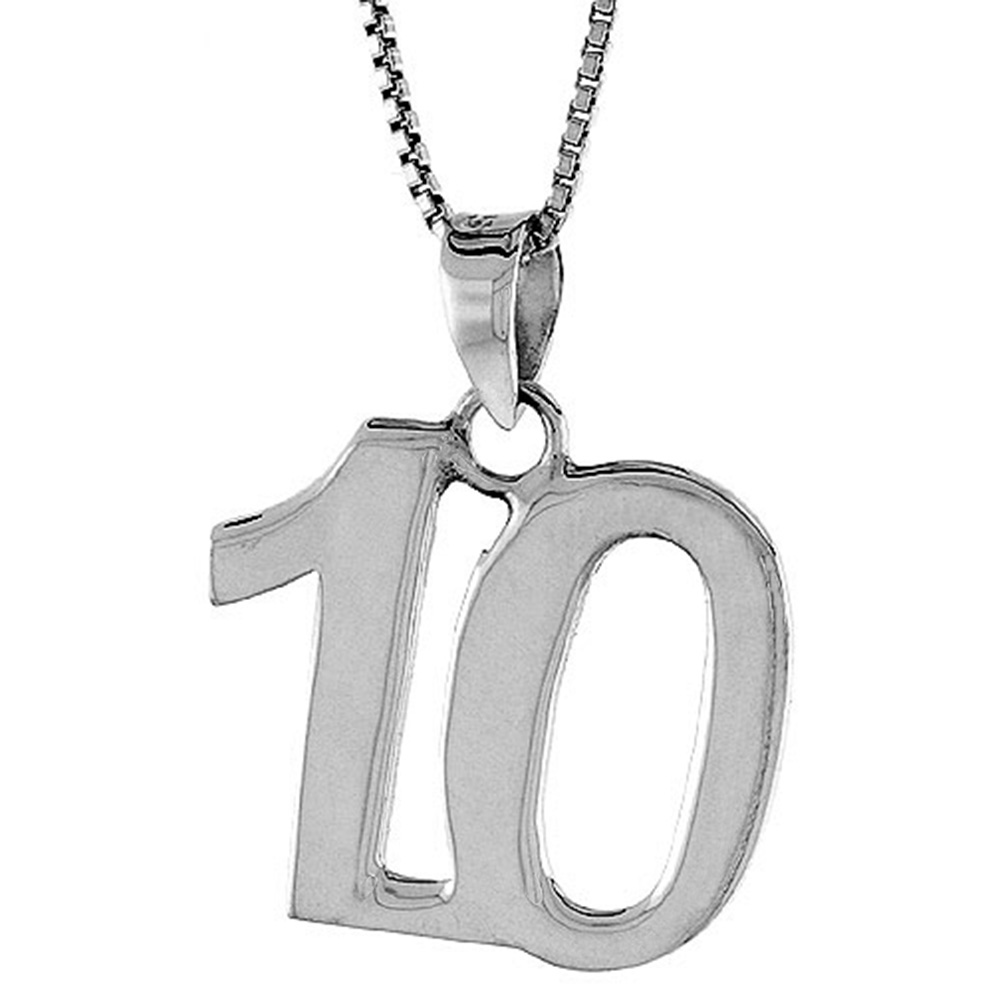 STERLING SILVER NUMBER 10 PENDANT FOR JERSEY NUMBERS & RECOVERY HIGH POLISH 3/4 INCH (NO CHAIN)