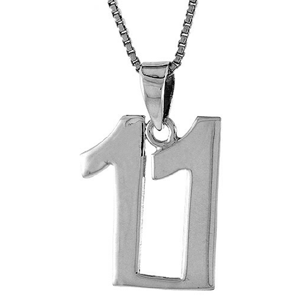 STERLING SILVER NUMBER 11 PENDANT FOR JERSEY NUMBERS & RECOVERY HIGH POLISH 3/4 INCH (NO CHAIN)