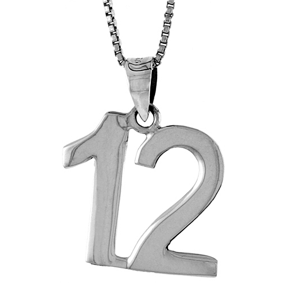 STERLING SILVER NUMBER 12 PENDANT FOR JERSEY NUMBERS & RECOVERY HIGH POLISH 3/4 INCH (NO CHAIN)