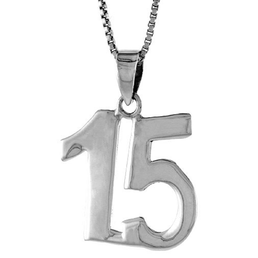 STERLING SILVER NUMBER 15 PENDANT FOR JERSEY NUMBERS & RECOVERY HIGH POLISH 3/4 INCH (NO CHAIN)