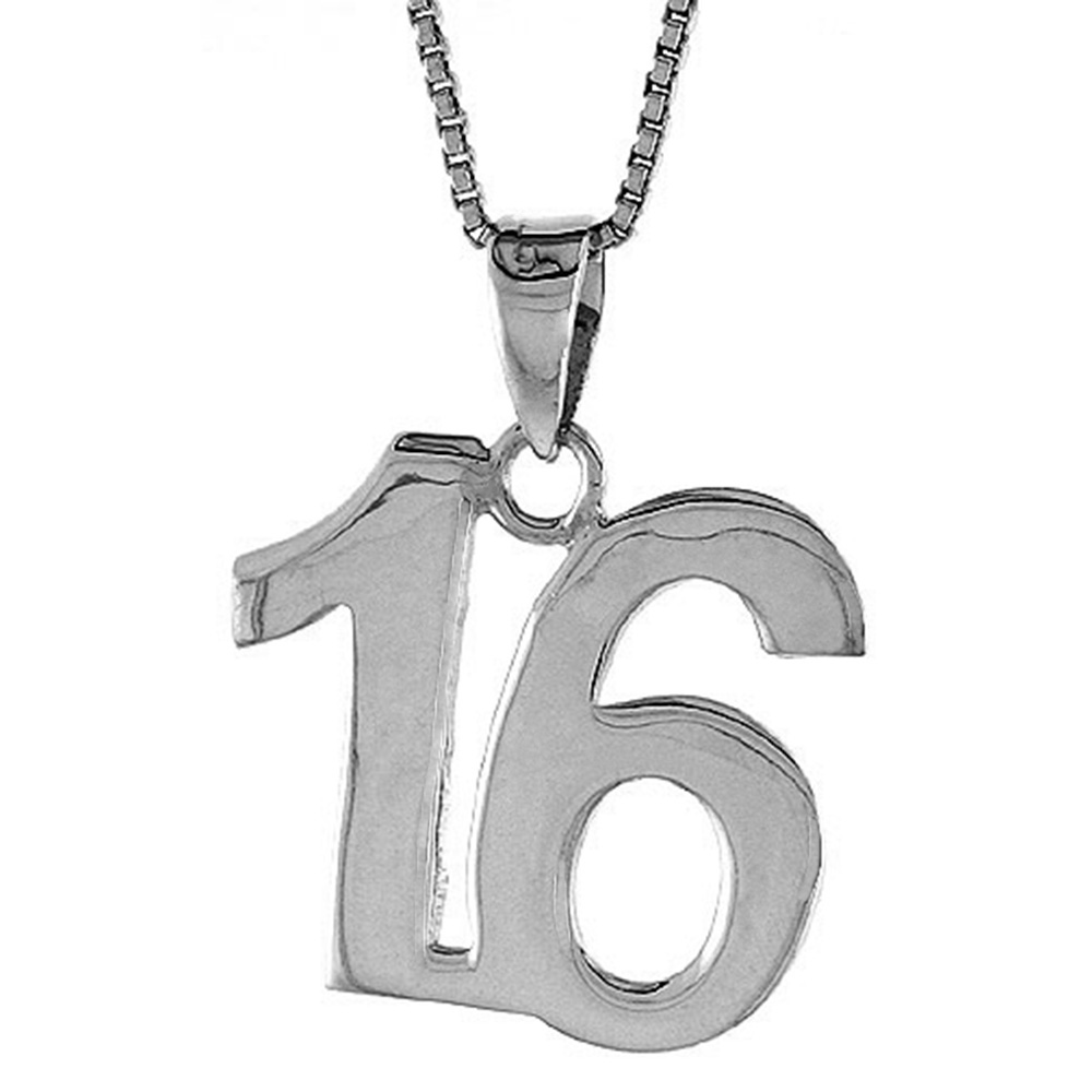 STERLING SILVER NUMBER 16 PENDANT FOR JERSEY NUMBERS & RECOVERY HIGH POLISH 3/4 INCH (NO CHAIN)
