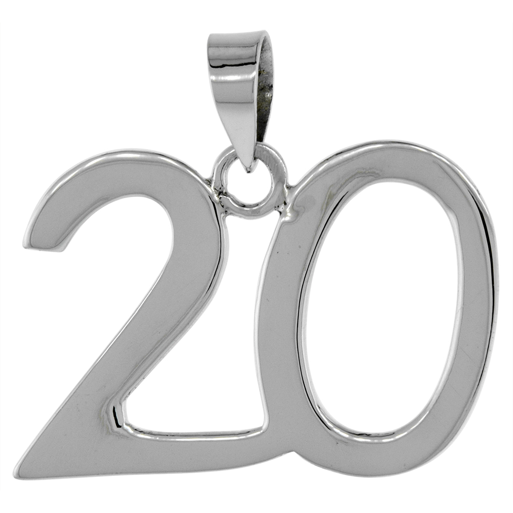 STERLING SILVER NUMBER 20 PENDANT FOR JERSEY NUMBERS & RECOVERY HIGH POLISH 3/4 INCH (NO CHAIN)