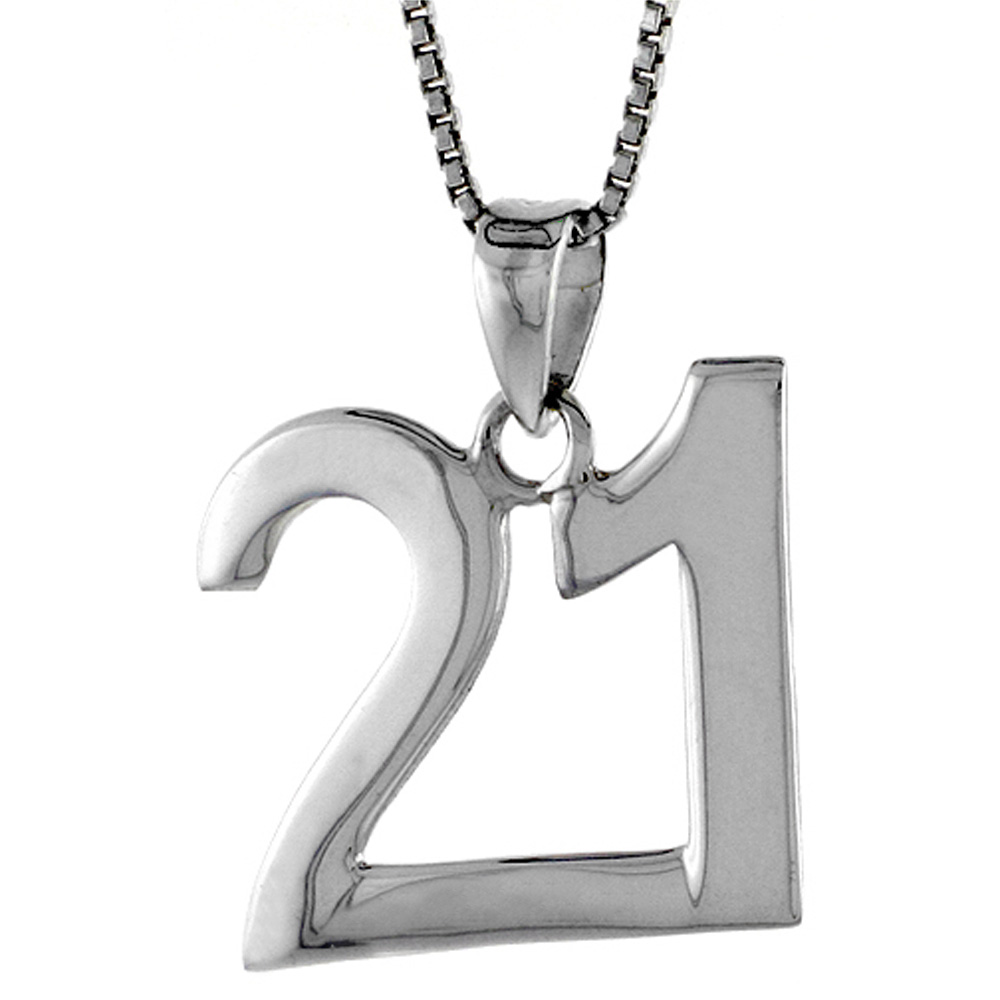 STERLING SILVER NUMBER 21 PENDANT FOR JERSEY NUMBERS & RECOVERY HIGH POLISH 3/4 INCH (NO CHAIN)