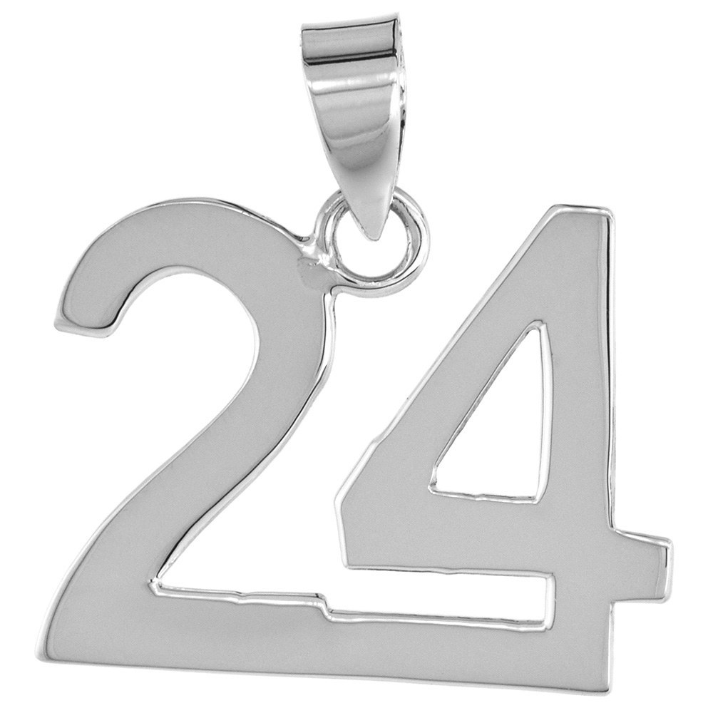 STERLING SILVER NUMBER 24 PENDANT FOR JERSEY NUMBERS & RECOVERY HIGH POLISH 3/4 INCH (NO CHAIN)