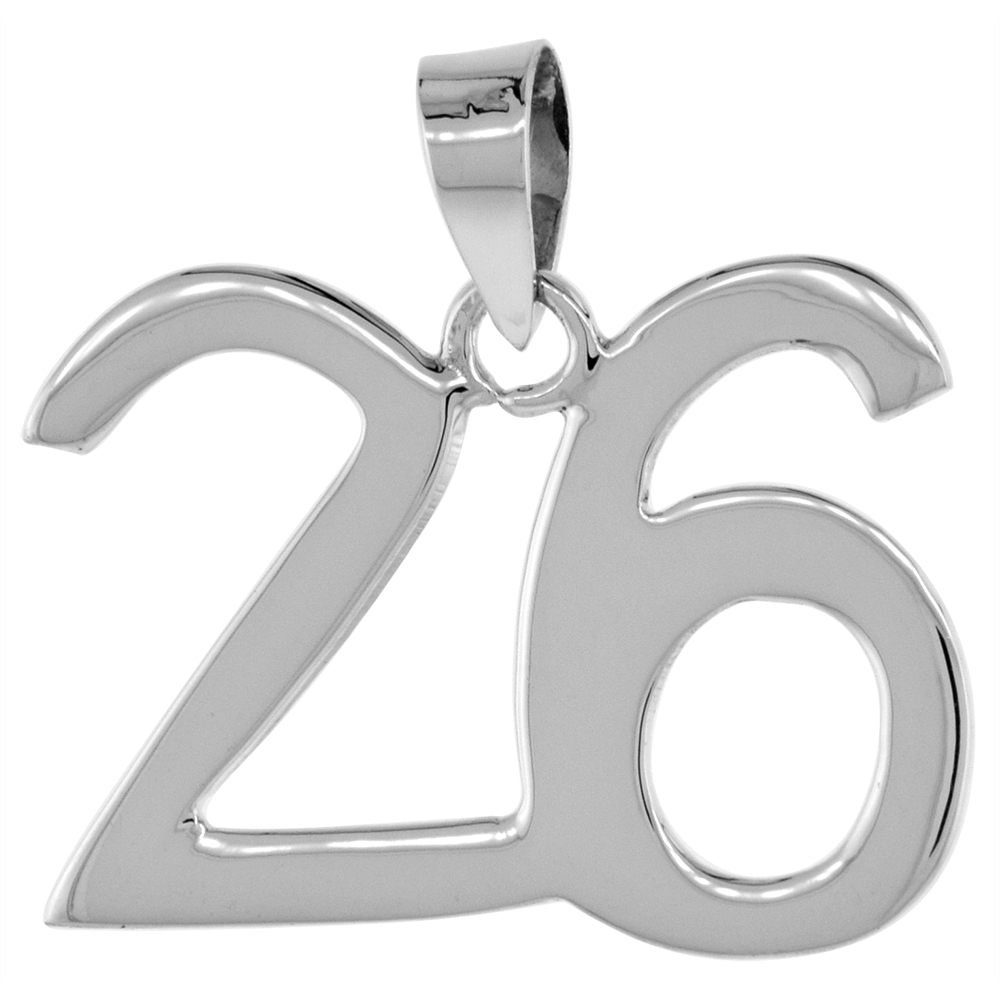 STERLING SILVER NUMBER 26 PENDANT FOR JERSEY NUMBERS & RECOVERY HIGH POLISH 3/4 INCH (NO CHAIN)