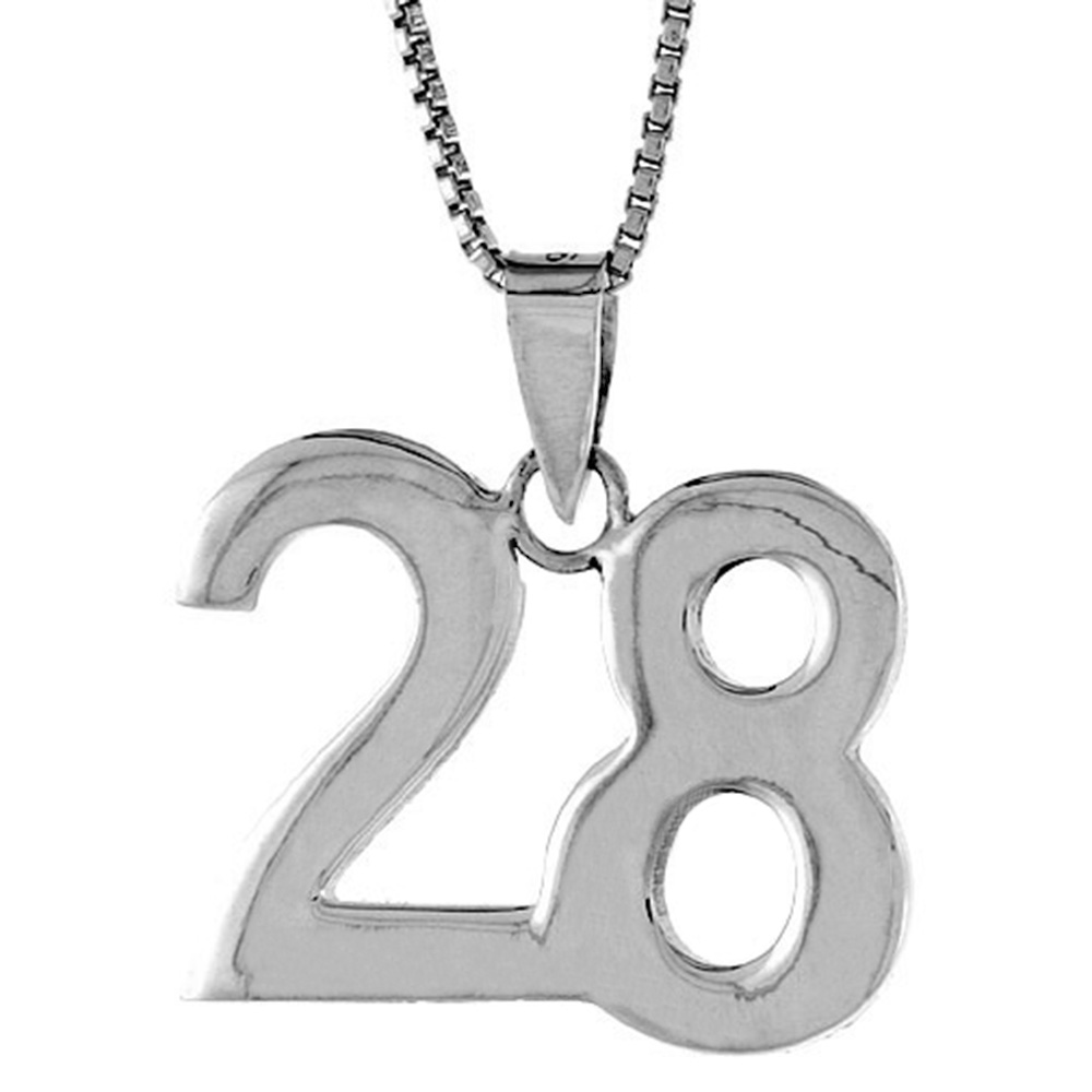 STERLING SILVER NUMBER 28 PENDANT FOR JERSEY NUMBERS & RECOVERY HIGH POLISH 3/4 INCH (NO CHAIN)
