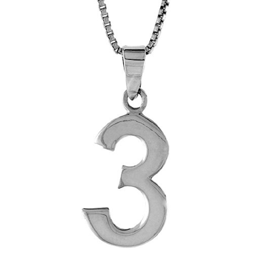 STERLING SILVER NUMBER 3 PENDANT FOR JERSEY NUMBERS & RECOVERY HIGH POLISH 3/4 INCH (NO CHAIN)