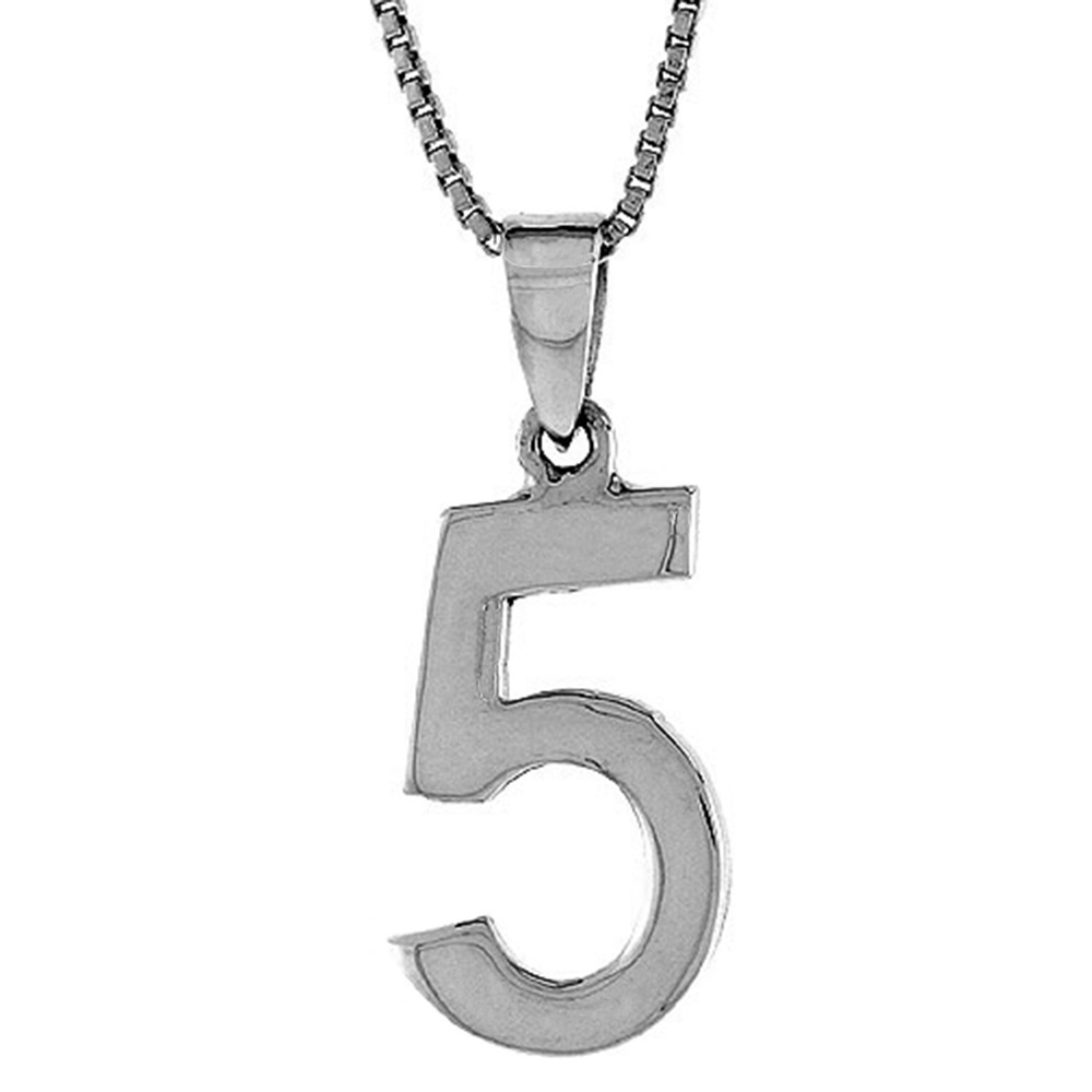 STERLING SILVER NUMBER 5 PENDANT FOR JERSEY NUMBERS & RECOVERY HIGH POLISH 3/4 INCH (NO CHAIN)