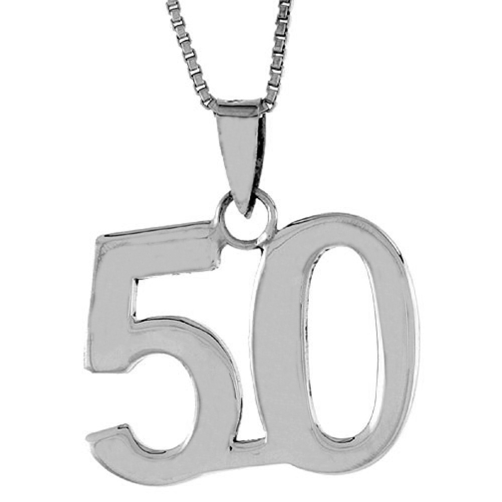 STERLING SILVER NUMBER 50 PENDANT FOR JERSEY NUMBERS & RECOVERY HIGH POLISH 3/4 INCH (NO CHAIN)