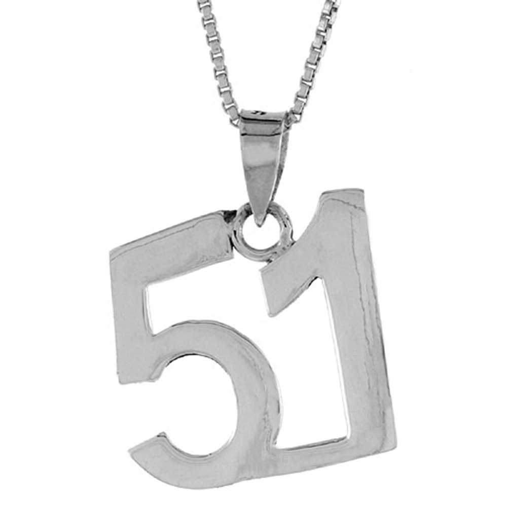 STERLING SILVER NUMBER 51 PENDANT FOR JERSEY NUMBERS & RECOVERY HIGH POLISH 3/4 INCH (NO CHAIN)