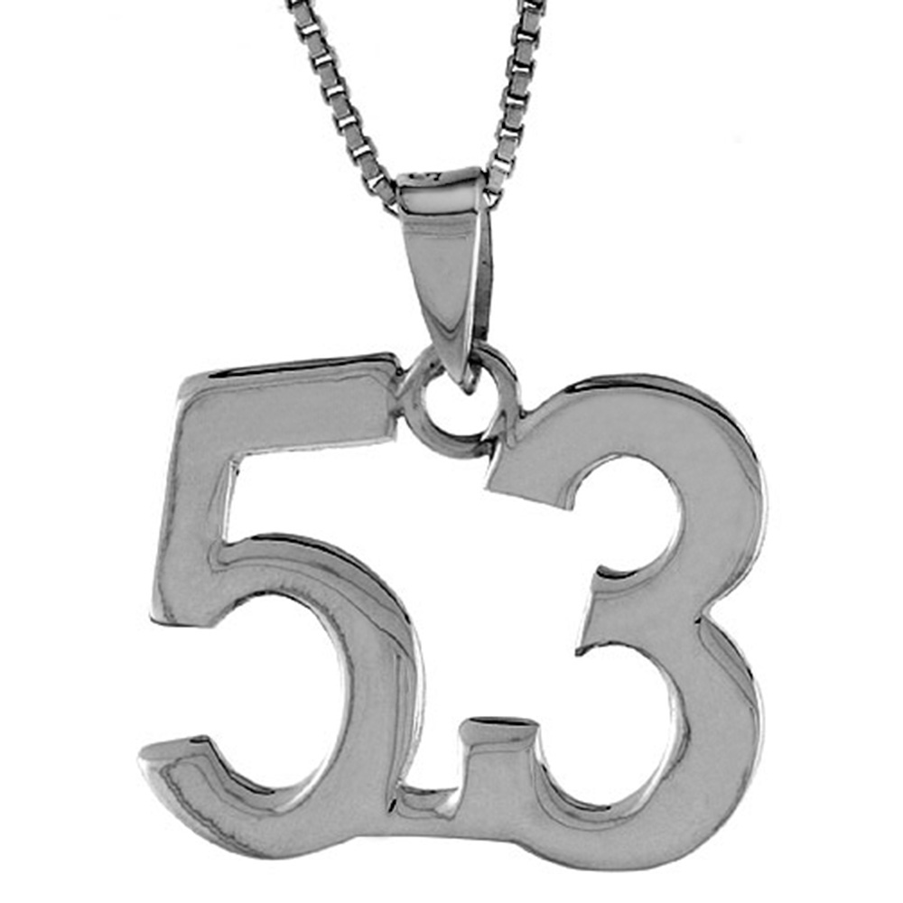 STERLING SILVER NUMBER 53 PENDANT FOR JERSEY NUMBERS & RECOVERY HIGH POLISH 3/4 INCH (NO CHAIN)