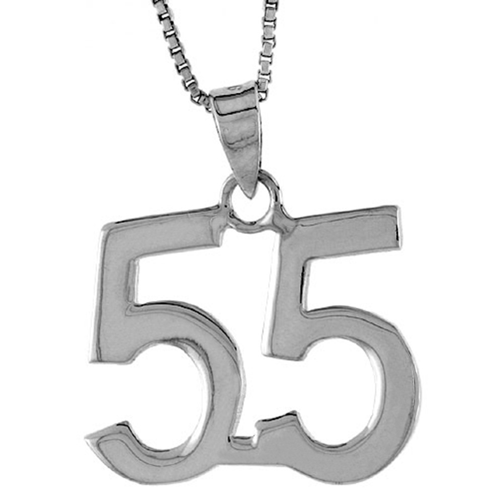 STERLING SILVER NUMBER 55 PENDANT FOR JERSEY NUMBERS & RECOVERY HIGH POLISH 3/4 INCH (NO CHAIN)