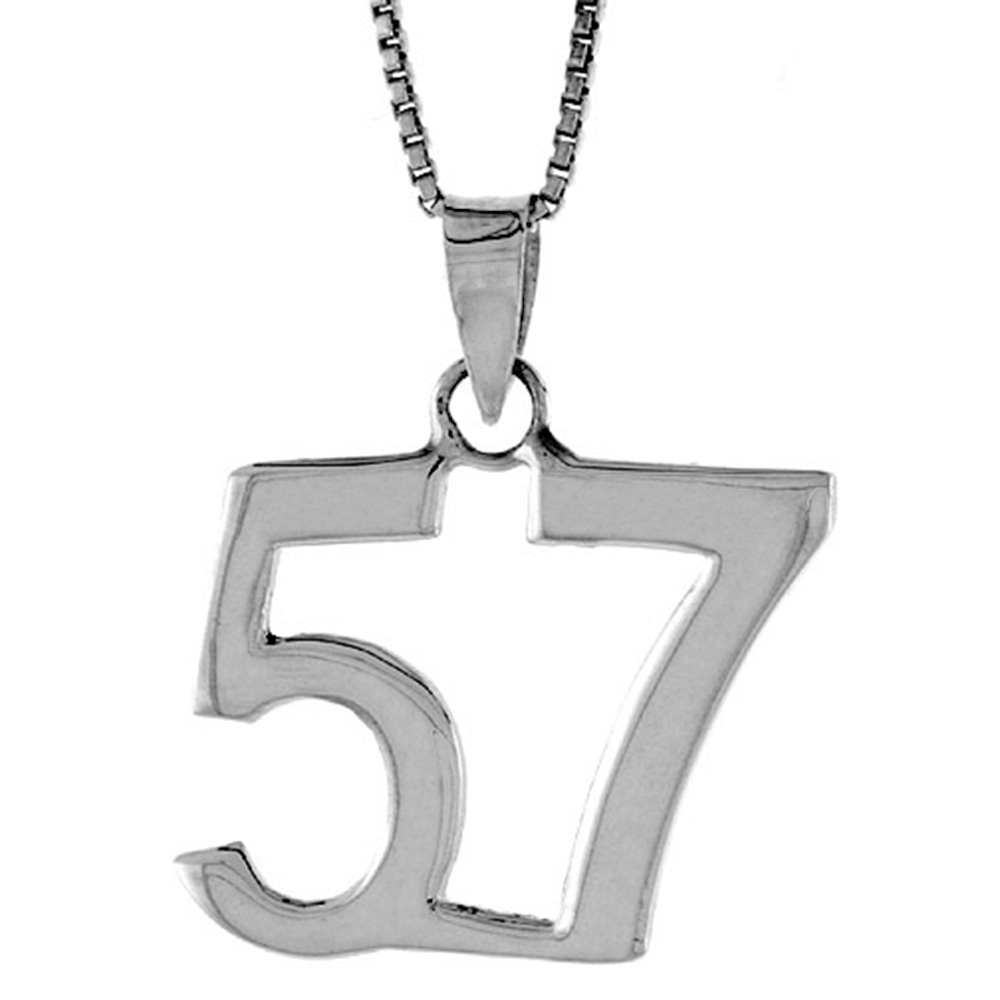 STERLING SILVER NUMBER 57 PENDANT FOR JERSEY NUMBERS & RECOVERY HIGH POLISH 3/4 INCH (NO CHAIN)