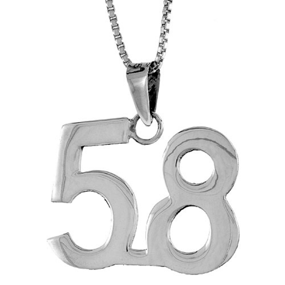 STERLING SILVER NUMBER 58 PENDANT FOR JERSEY NUMBERS & RECOVERY HIGH POLISH 3/4 INCH (NO CHAIN)