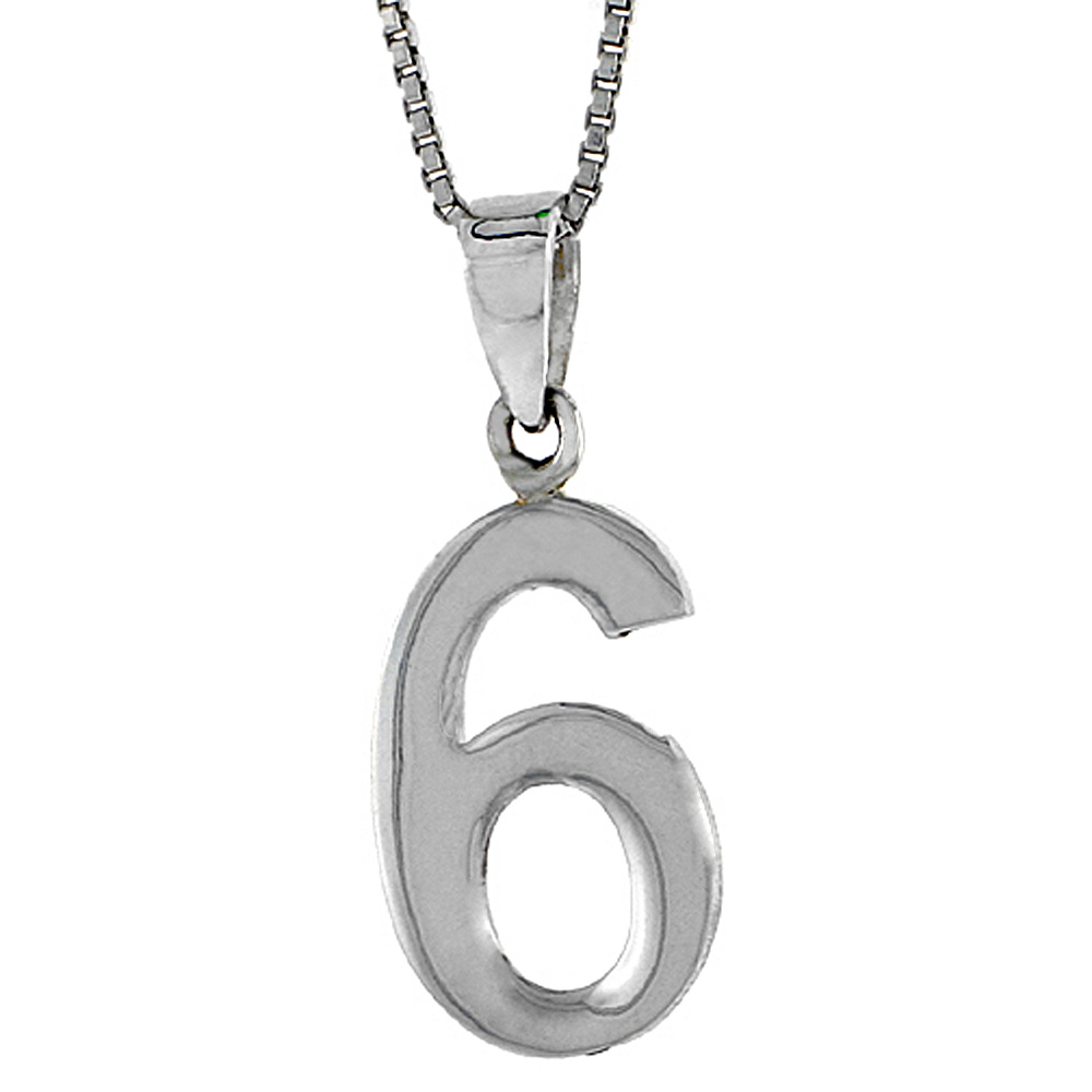 STERLING SILVER NUMBER 6 PENDANT FOR JERSEY NUMBERS & RECOVERY HIGH POLISH 3/4 INCH (NO CHAIN)
