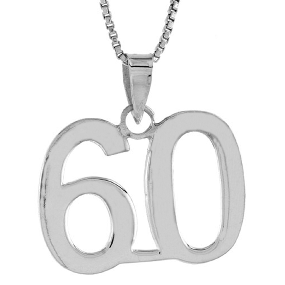 STERLING SILVER NUMBER 60 PENDANT FOR JERSEY NUMBERS & RECOVERY HIGH POLISH 3/4 INCH (NO CHAIN)