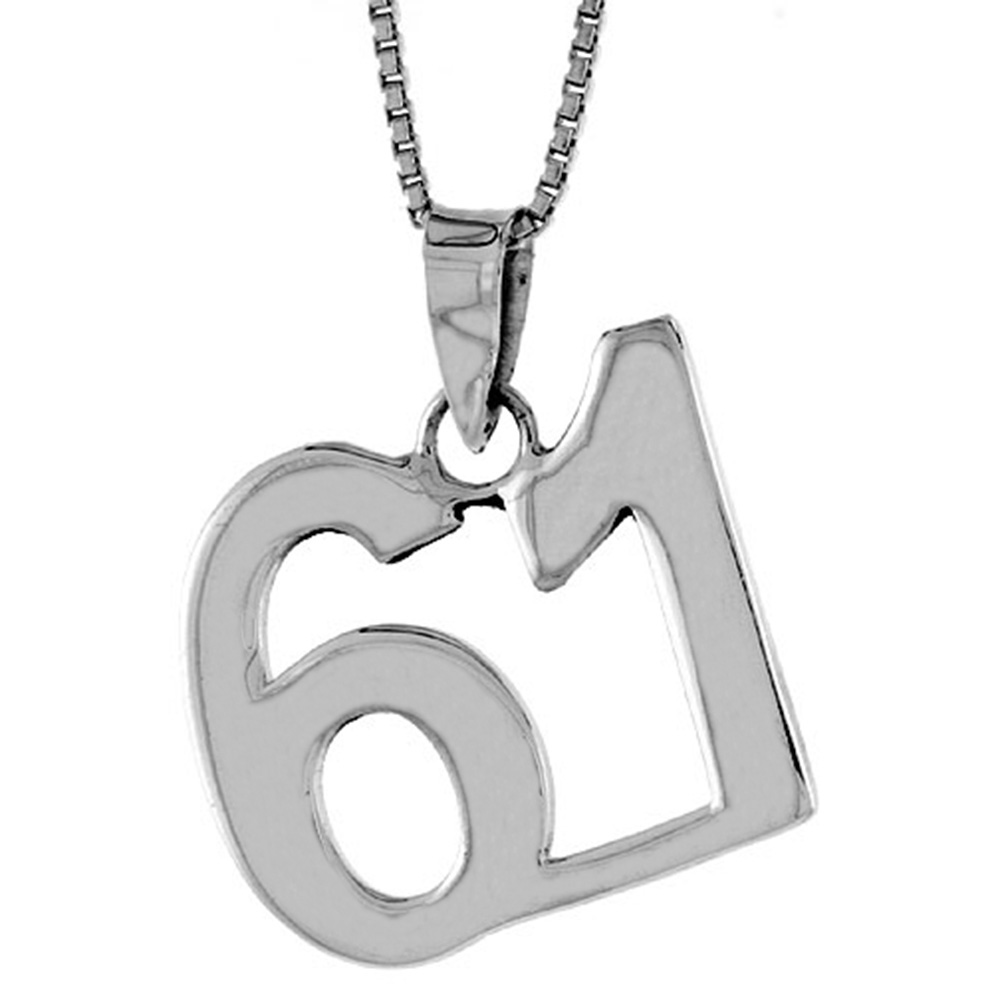 STERLING SILVER NUMBER 61 PENDANT FOR JERSEY NUMBERS & RECOVERY HIGH POLISH 3/4 INCH (NO CHAIN)