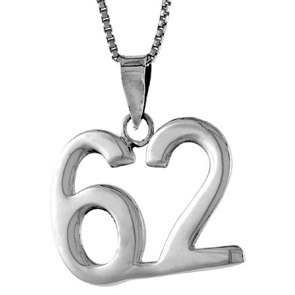 STERLING SILVER NUMBER 62 PENDANT FOR JERSEY NUMBERS & RECOVERY HIGH POLISH 3/4 INCH (NO CHAIN)