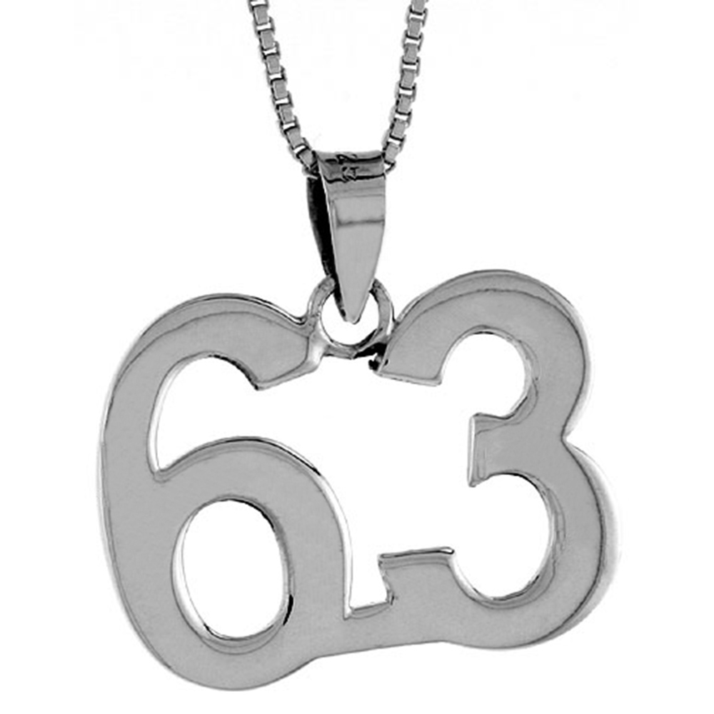 STERLING SILVER NUMBER 63 PENDANT FOR JERSEY NUMBERS & RECOVERY HIGH POLISH 3/4 INCH (NO CHAIN)