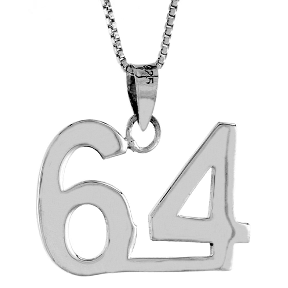 STERLING SILVER NUMBER 64 PENDANT FOR JERSEY NUMBERS & RECOVERY HIGH POLISH 3/4 INCH (NO CHAIN)