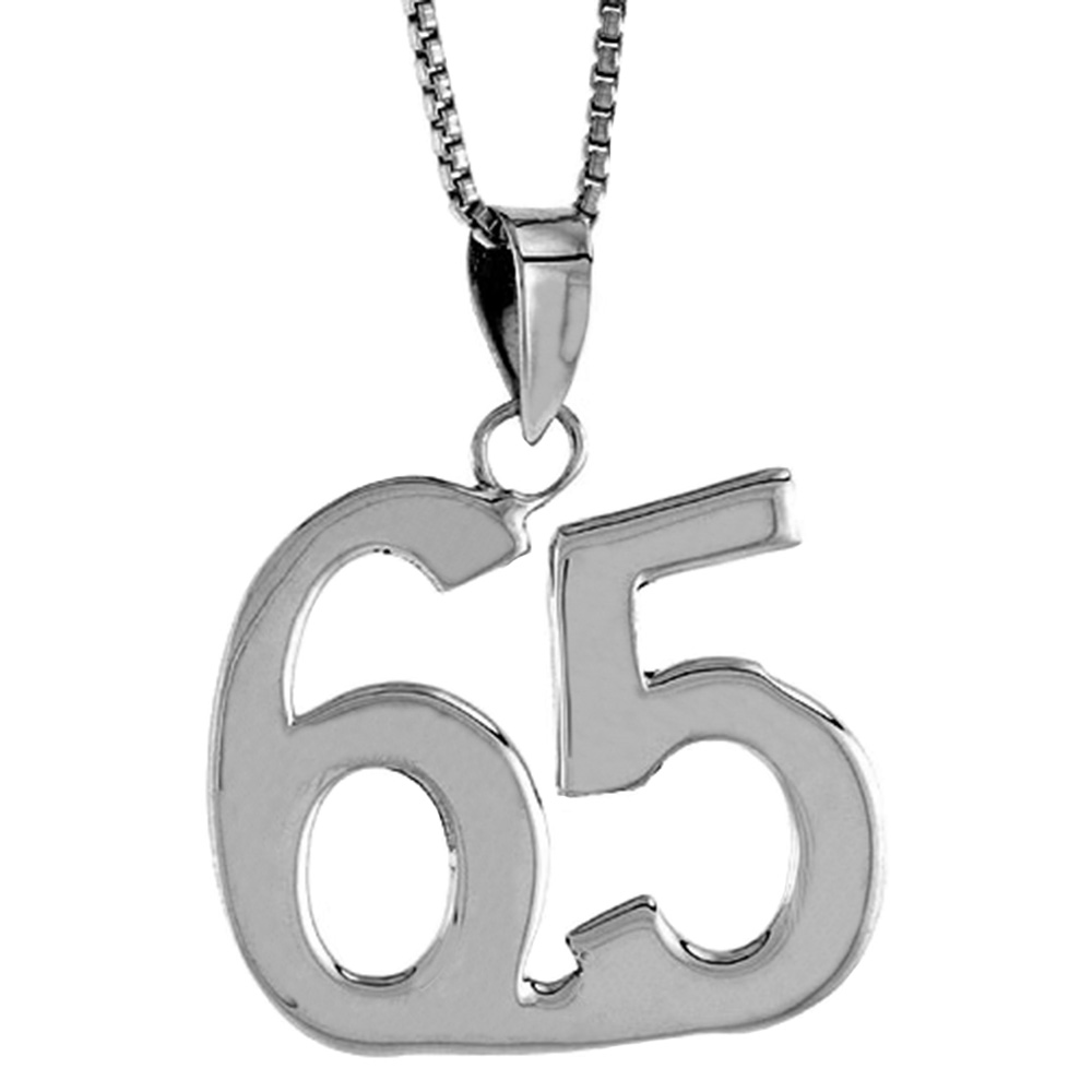 STERLING SILVER NUMBER 65 PENDANT FOR JERSEY NUMBERS & RECOVERY HIGH POLISH 3/4 INCH (NO CHAIN)