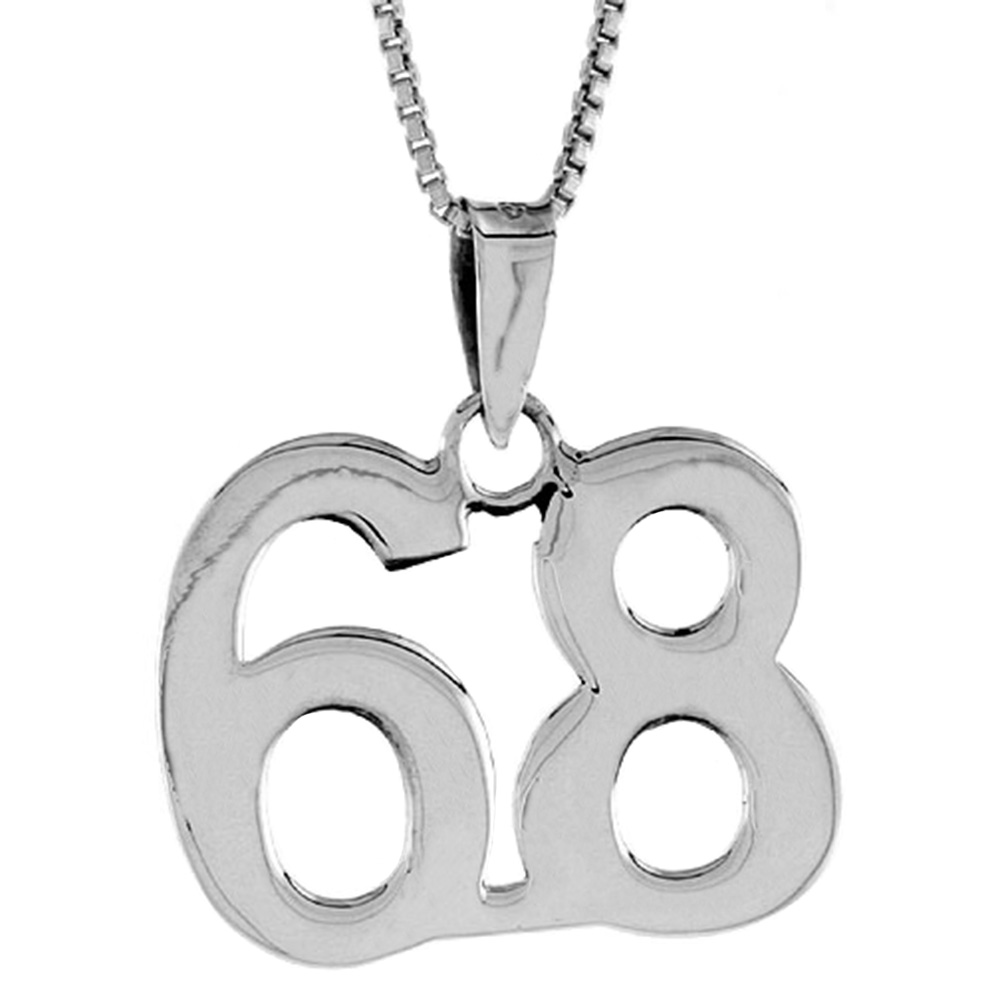 STERLING SILVER NUMBER 68 PENDANT FOR JERSEY NUMBERS & RECOVERY HIGH POLISH 3/4 INCH (NO CHAIN)