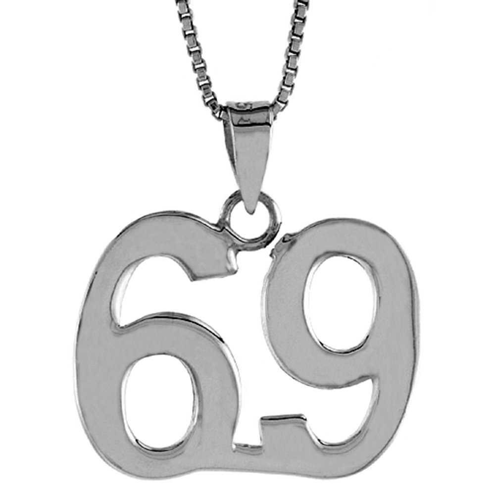 STERLING SILVER NUMBER 69 PENDANT FOR JERSEY NUMBERS & RECOVERY HIGH POLISH 3/4 INCH (NO CHAIN)