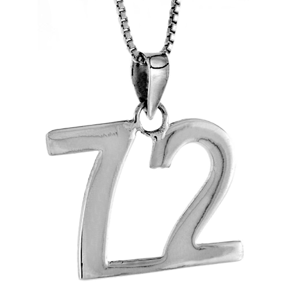 STERLING SILVER NUMBER 72 PENDANT FOR JERSEY NUMBERS & RECOVERY HIGH POLISH 3/4 INCH (NO CHAIN)