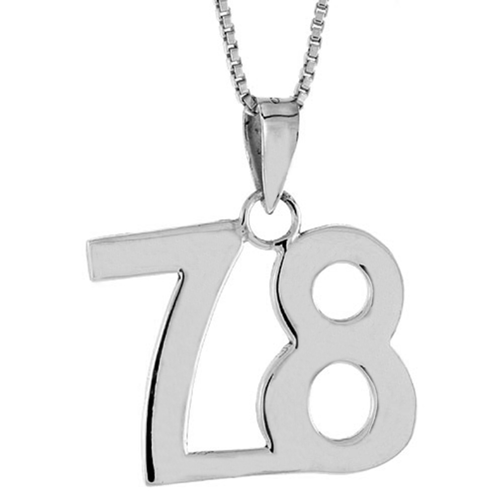 STERLING SILVER NUMBER 78 PENDANT FOR JERSEY NUMBERS & RECOVERY HIGH POLISH 3/4 INCH (NO CHAIN)