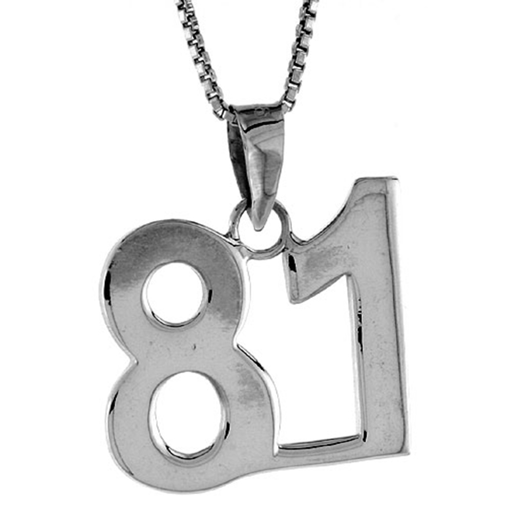 STERLING SILVER NUMBER 81 PENDANT FOR JERSEY NUMBERS & RECOVERY HIGH POLISH 3/4 INCH (NO CHAIN)