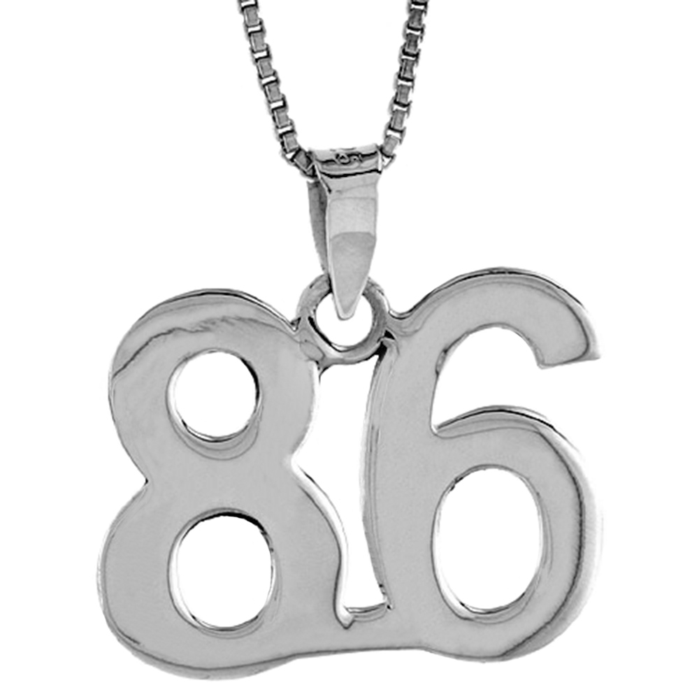 STERLING SILVER NUMBER 86 PENDANT FOR JERSEY NUMBERS & RECOVERY HIGH POLISH 3/4 INCH (NO CHAIN)